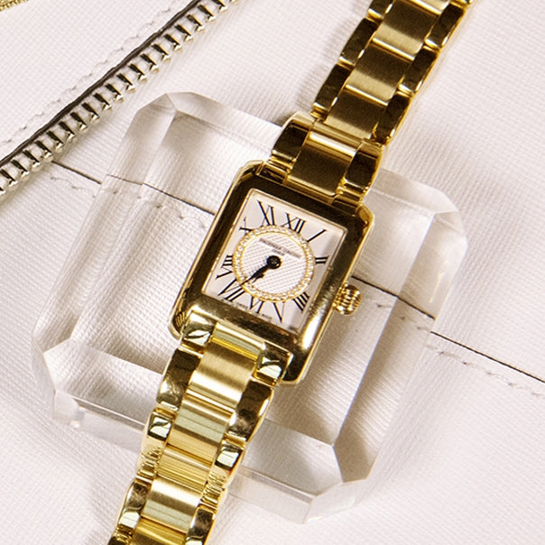 Frederique Constant Ladies' Classics Quartz Gold-Tone Stainless Steel Watch with Diamond Accent White Dial front view