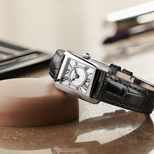 Frederique Constant Ladies' Classics Quartz Stainless Steel Watch with Black Leather Strap & Diamond Accent White front view
