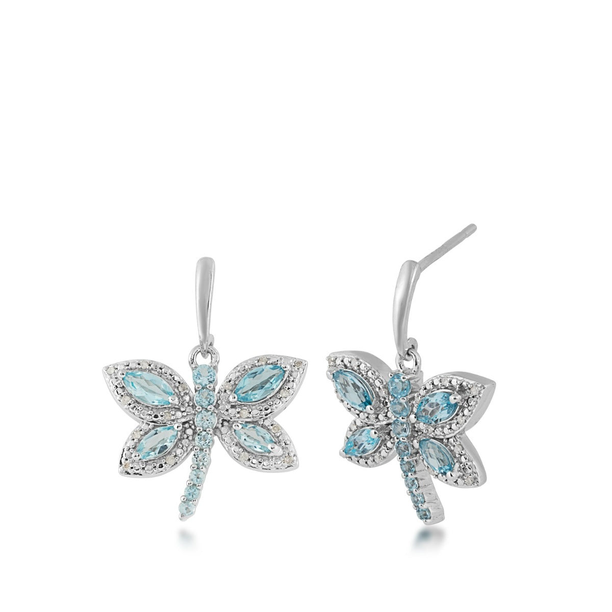 Marquise & Round Swiss Blue Topaz & Diamond Accent Dragonfly Earrings in Sterling Silver