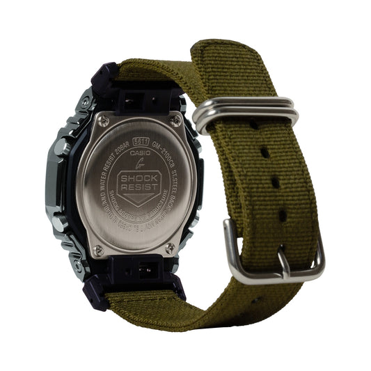 G-Shock Men's G-Steel Gray Stainless Steel Watch with Black Dial & Green Canvas Strap front view