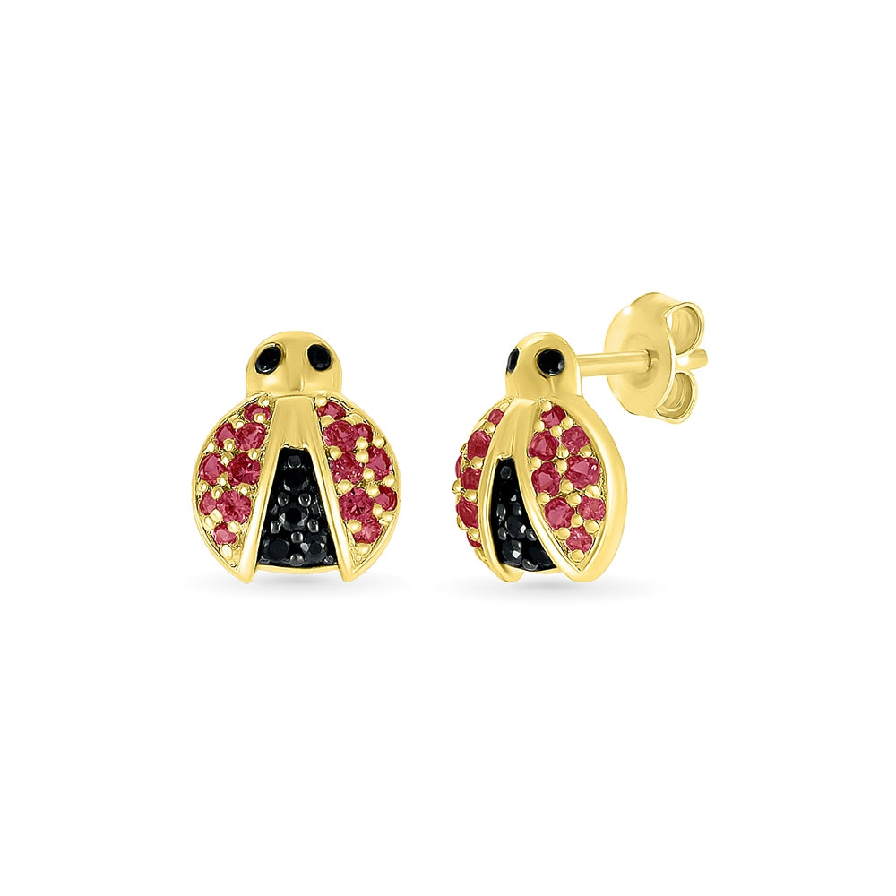 Created Ruby & Treated Black Diamond Accent Ladybug Earrings in 10K Yellow Gold