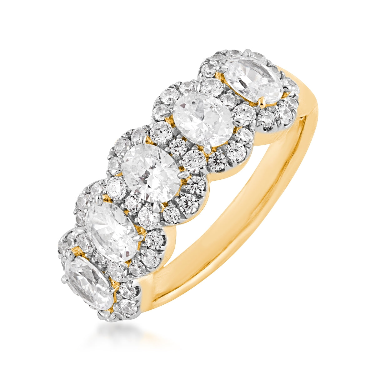 Adamante 1-1/2 ct. tw. Lab-Grown Oval 5-Stone Diamond Halo Anniversary Ring in 14K Yellow Gold with Rhodium Plated front view