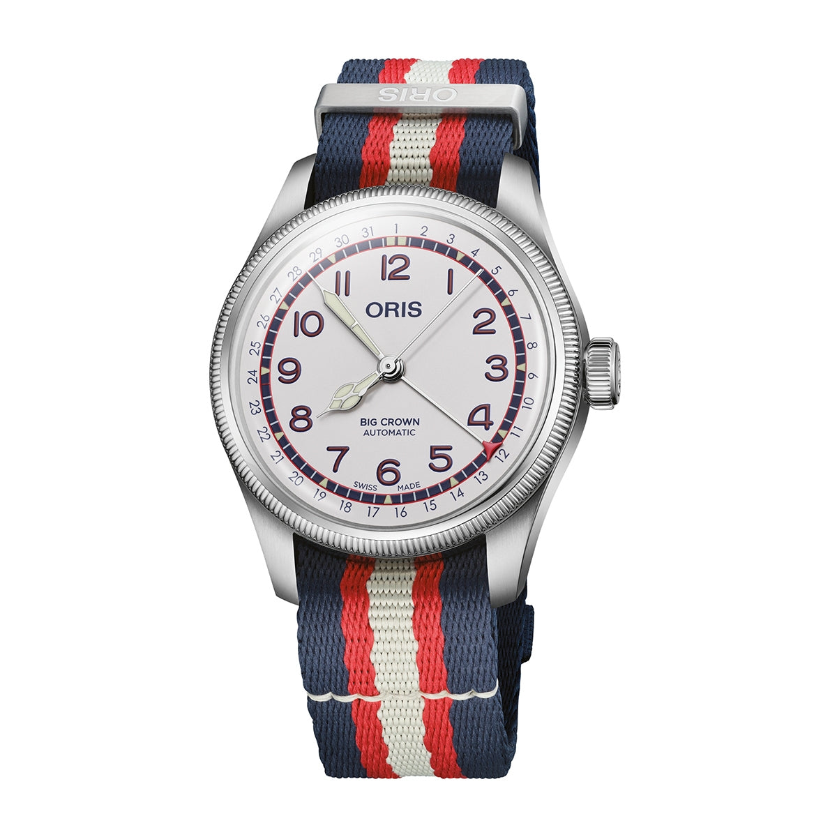Oris Hank Aaron Limited Edition Men's Automatic Stainless Steel Watch with White Dial & Blue Leather Strap front view
