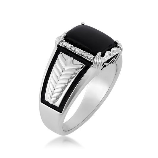 Men's Rectangle Onyx & 1/10 ct. tw. Diamond Braided Black Enamel Ring in Sterling Silver front view