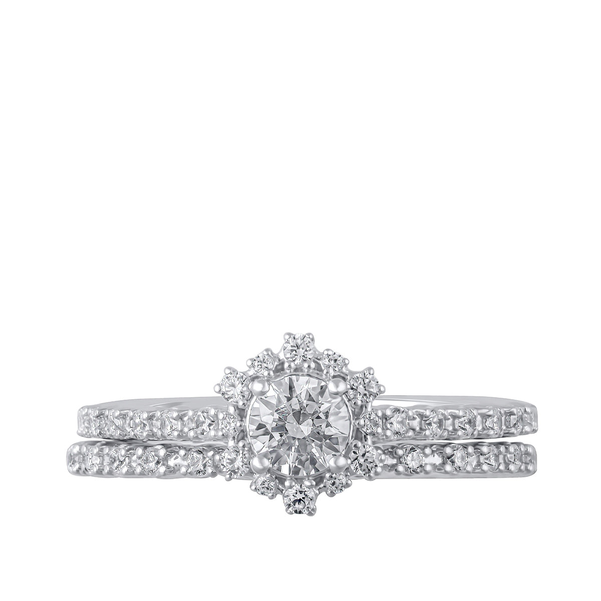 Natural 3/4 ct. tw. Round Brilliant Diamond Halo Wedding Set in 10K White Gold close-up detail
