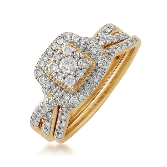 True Promise 1/2 ct. tw. Diamond Cluster Milgrain Halo Wedding Set in 10K Yellow Gold front view
