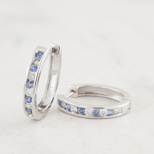 Yogo Sapphire & 1/2 ct. tw. Diamond Channel Set Hoop Earrings in 14K White Gold front view