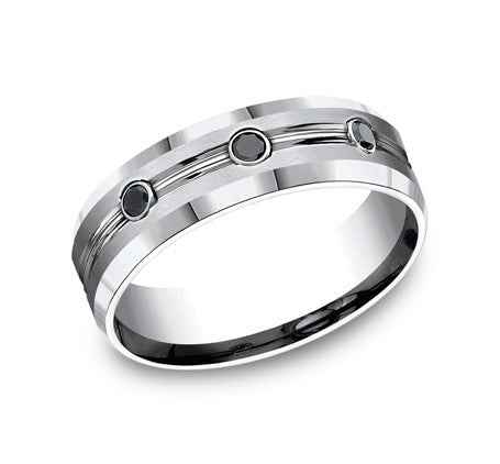 BENCHMARK Men's 7.5 MM Treated Black Diamond Wedding Band in Brushed and Polished Chrome Cobalt front view