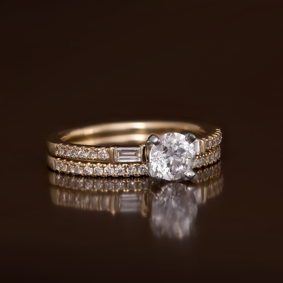 Noventa 1 ct. tw. Round & Baguette Diamond Wedding Set in 14K Yellow Gold full view