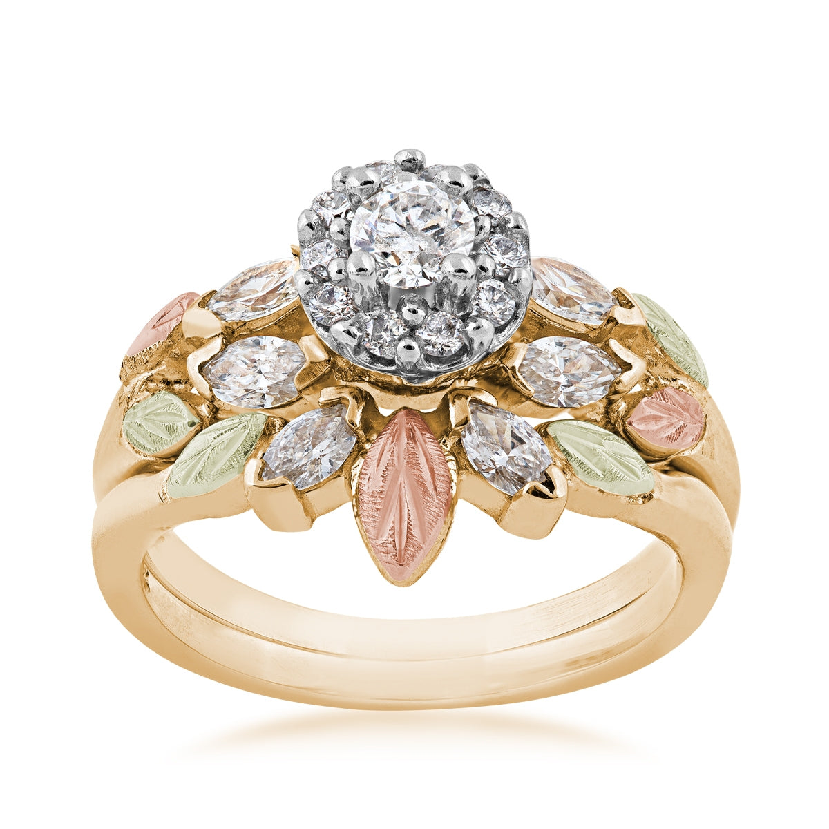 Black Hills Gold 1-1/5 ct. tw. Round & Marquise Diamond Halo Wedding Set in 10K Yellow Gold