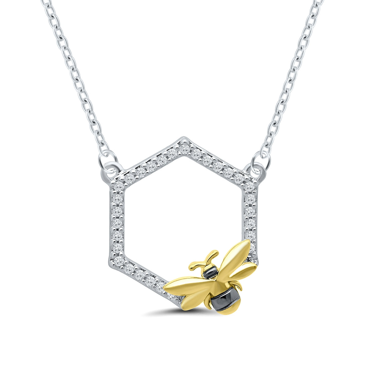 1/10 ct. tw. Diamond Honeycomb Bee Necklace with Black Rhodium in 14K Yellow Gold over Sterling Silver