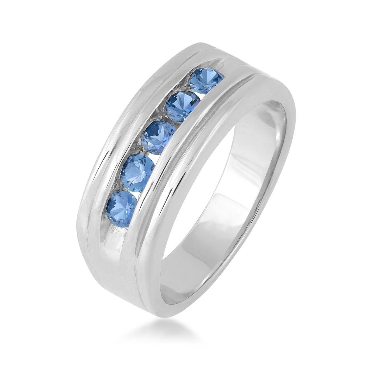 Yogo Sapphire Men's 5-Stone Channel Set Ring in 14K White Gold front view