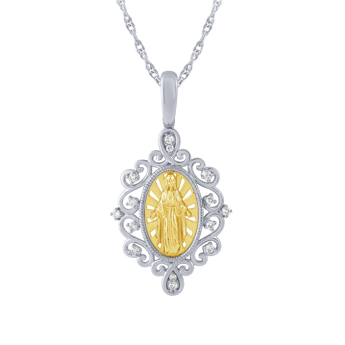 1/10 ct. tw. Diamond Milgrain Virgin Mary Pendant in 14K White & Yellow Gold