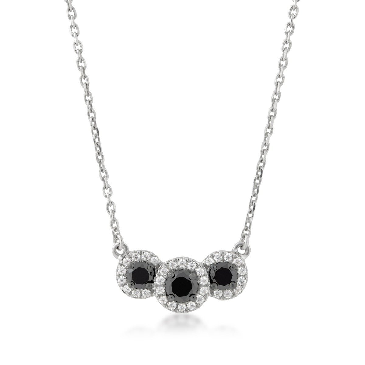 1/2 ct. tw. 3-Stone Treated Black & White Diamond Halo Necklace in 10K White Gold