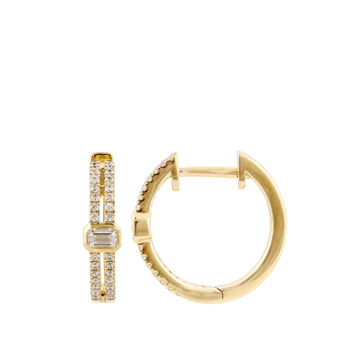 3/8 ct. tw. Emerald Cut & Round Diamond Two Row Hoop Earrings in 14K Yellow Gold