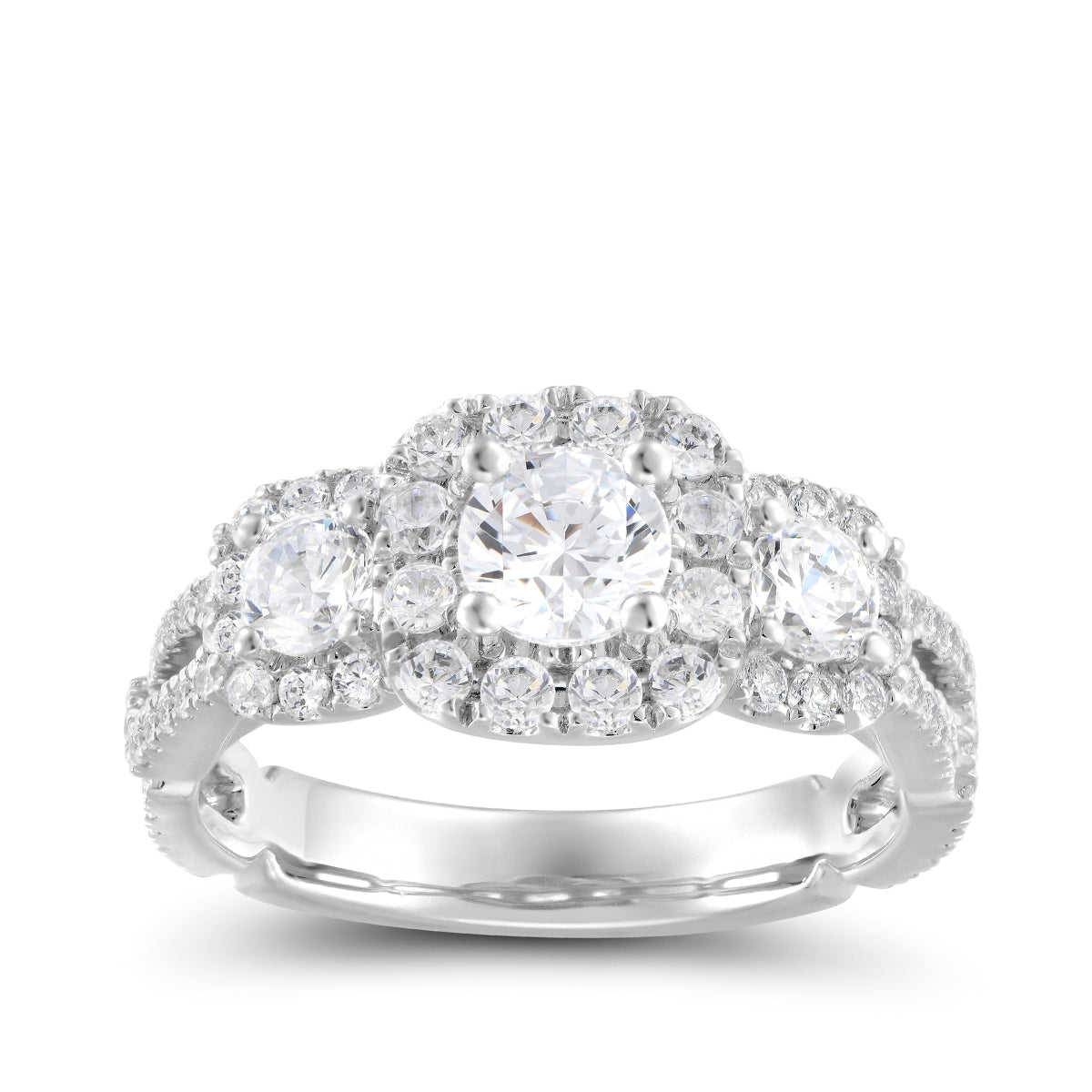 Natural 1-5/8 ct. tw. Round Brilliant 3-Stone Diamond Halo Engagement Ring in 14K White Gold