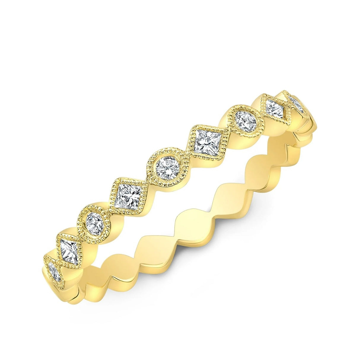 JustDesi 1/5 ct. tw. Princess Cut & Round Diamond Milgrain Stackable Ring in 14K Yellow Gold front view