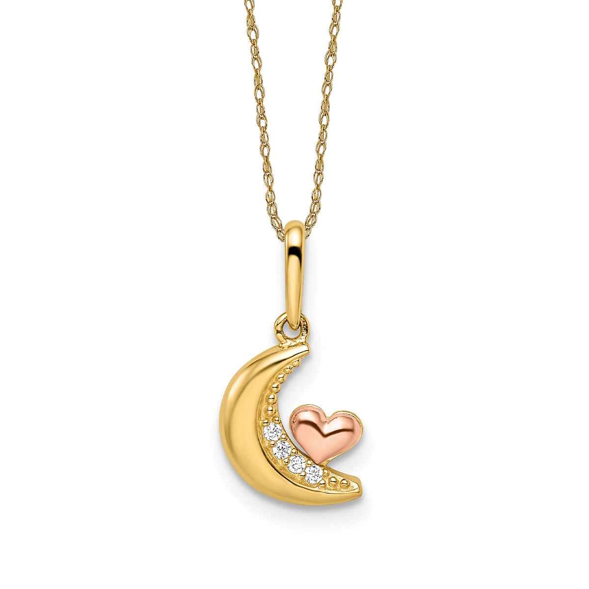 Children's Madi K White Cubic Zirconia Moon & Heart Pendant in 14K Yellow & Pink Gold