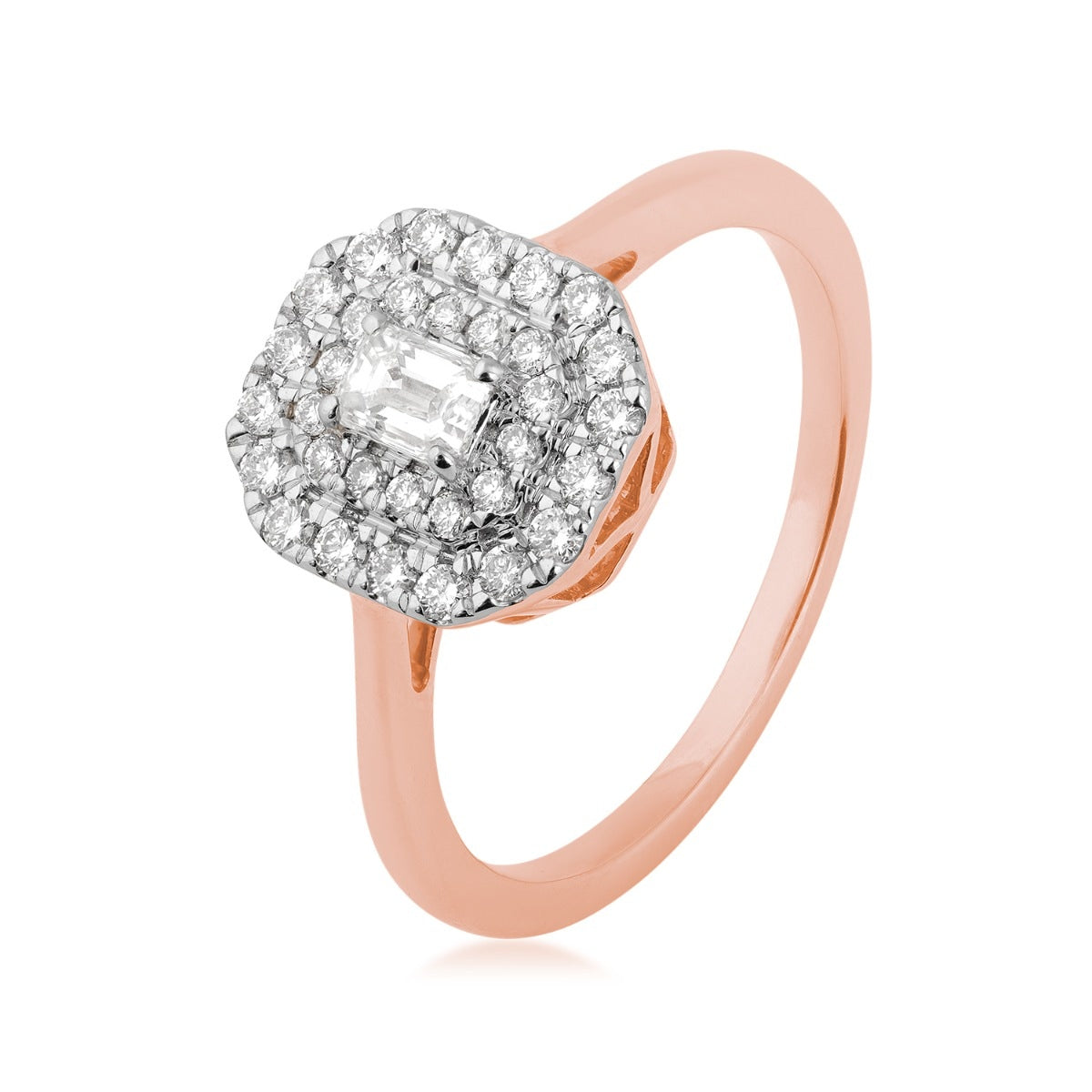 1/2 ct. tw. Emerald Cut Diamond Double Halo Ring in 14K Pink Gold front view