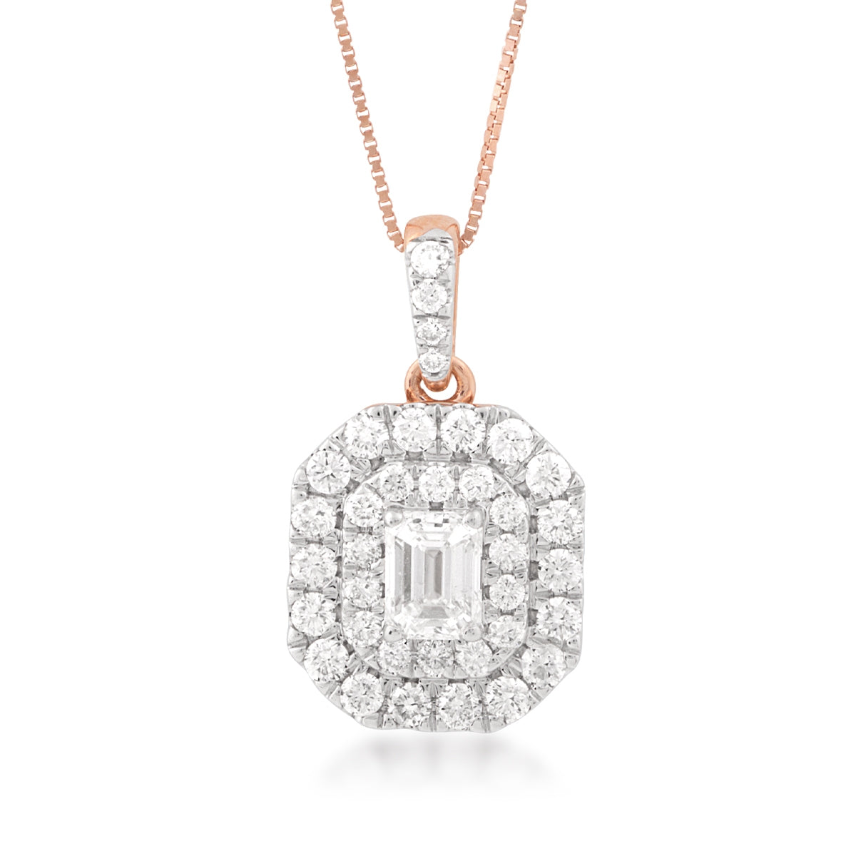 1 ct. tw. Emerald Cut Diamond Double Halo Pendant in 14K Pink Gold