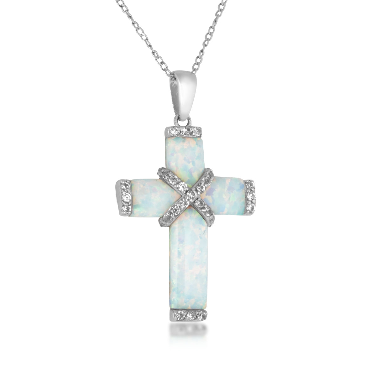 Created Opal & White Sapphire Cross Pendant in Sterling Silver