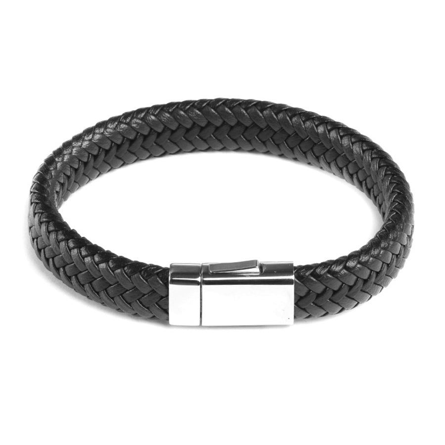 Men's 12mm 8.5-inch Black Braided Leather Bracelet in Stainless Steel