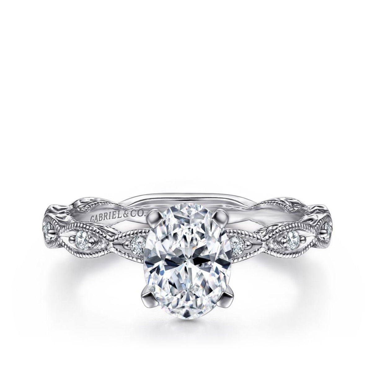 Gabriel & Co. 1/8 ct. tw. Diamond Milgrain Scalloped Oval Semi-Mount Engagement Ring in 14K White Gold