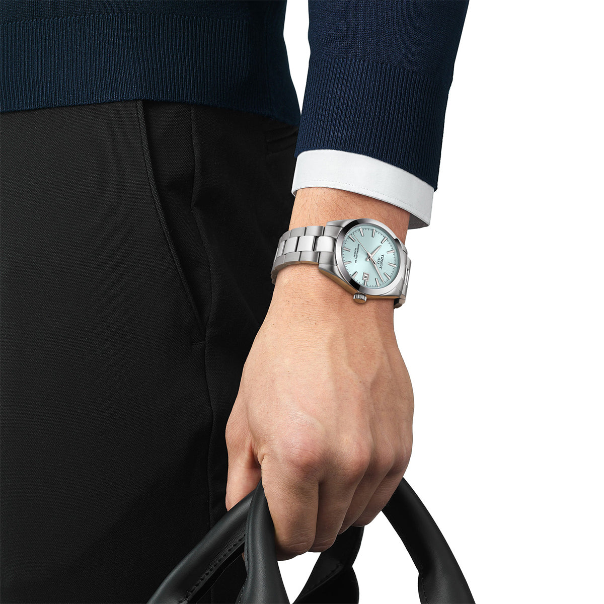 stainless steel men's Tissot Gentleman automatic watch with blue dial
