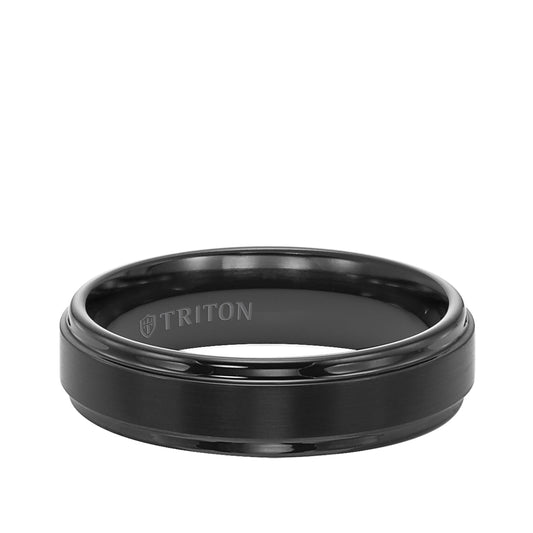 Triton Men's Step Edge Statin Finish Wedding Ring in Black Tungsten Carbide front view