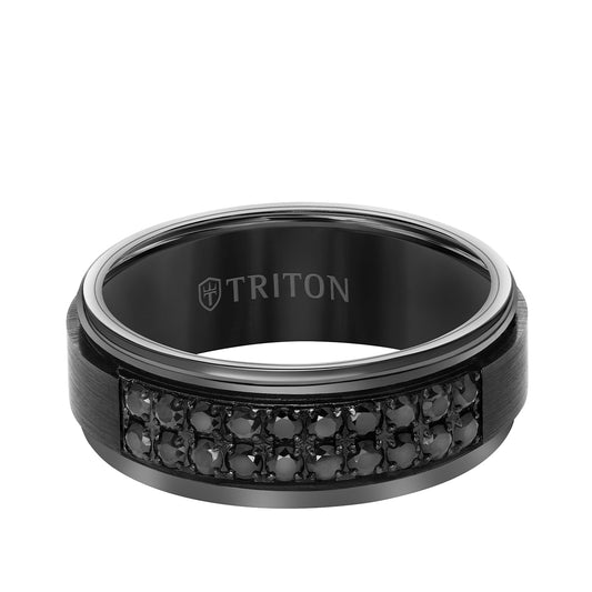 Triton Men's Black Sapphire Two Row Satin Finish Wedding Ring in Black Tungsten Carbide front view