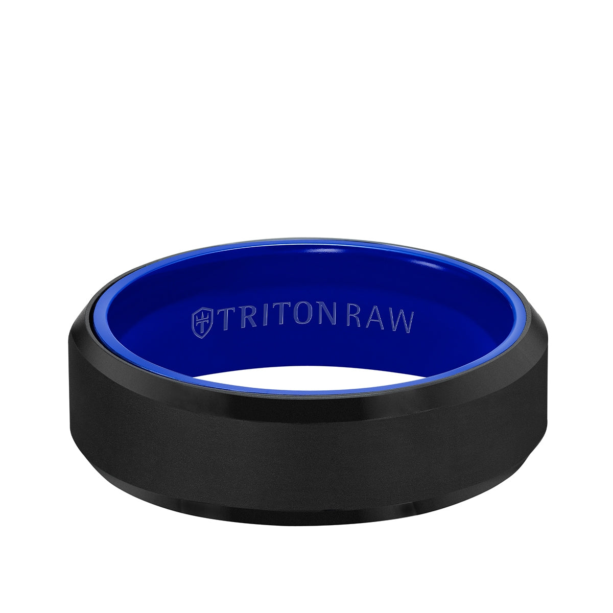Triton Men's Blue Ceramic Interior Wedding Ring in Raw Black Tungsten Carbide front view