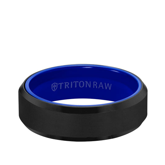 Triton Men's Blue Ceramic Interior Wedding Ring in Raw Black Tungsten Carbide front view
