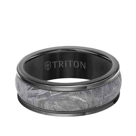 Triton Men's Meteorite Inlay Wedding Ring in Black Tungsten Carbide front view