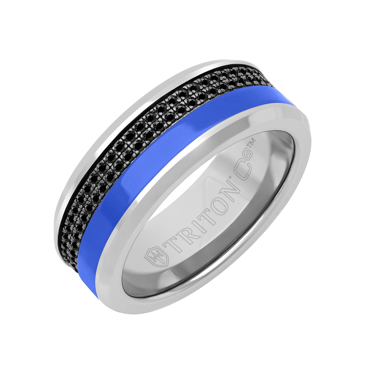 Triton Men's Black Sapphire & Blue Ceramic Inlay Wedding Ring in Tungsten Carbide front view