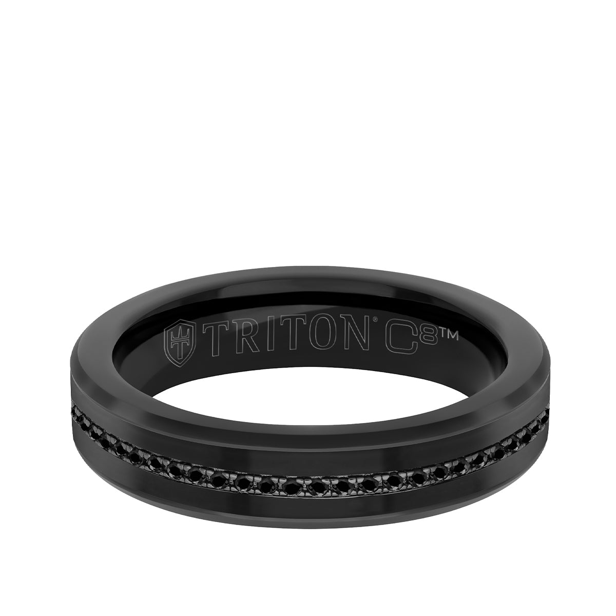Triton Men's Black Sapphire Ceramic Inlay Eternity Wedding Ring in Black Tungsten Carbide front view