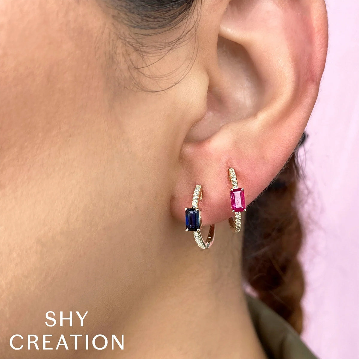 Shy Creation Emerald Cut Ruby & 1/10 ct. tw. Diamond Hoop Earrings in 14K Yellow Gold front view
