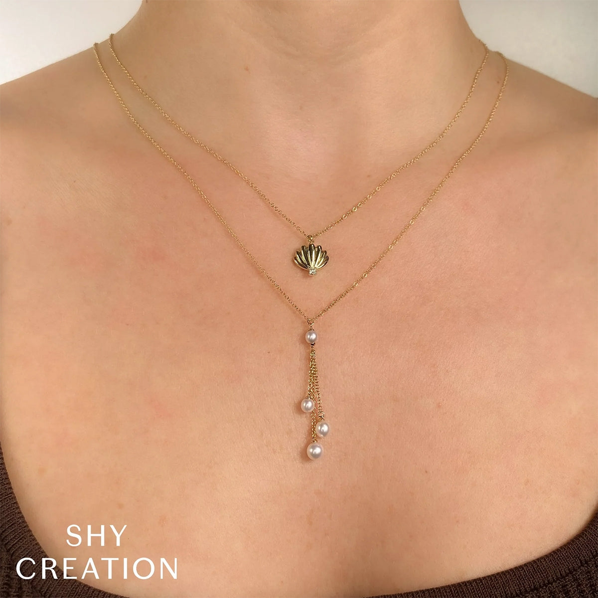 Shy Creation Cultured Pearl Dangle Necklace in 14K Yellow Gold front view