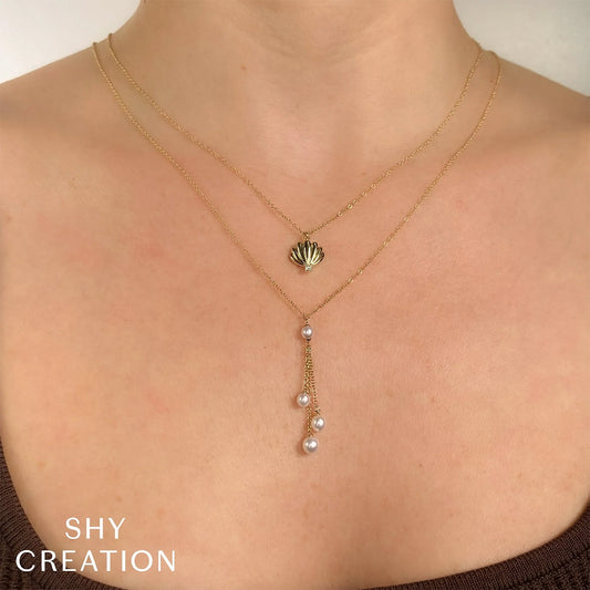 Shy Creation Cultured Pearl Dangle Necklace in 14K Yellow Gold front view