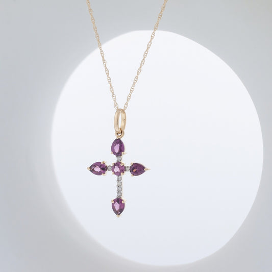 Pear & Round Purple Rhodolite Garnet & Diamond Accent Cross Pendant in 10K Yellow Gold front view