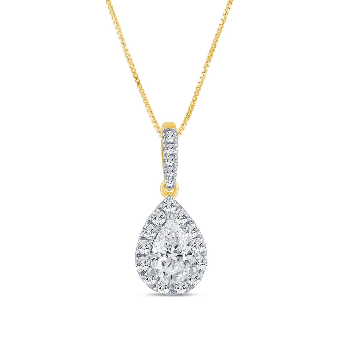 Amaura 3/4 ct. tw. Pear Diamond Halo Pendant in 14K Yellow Gold with Rhodium Plated Prongs