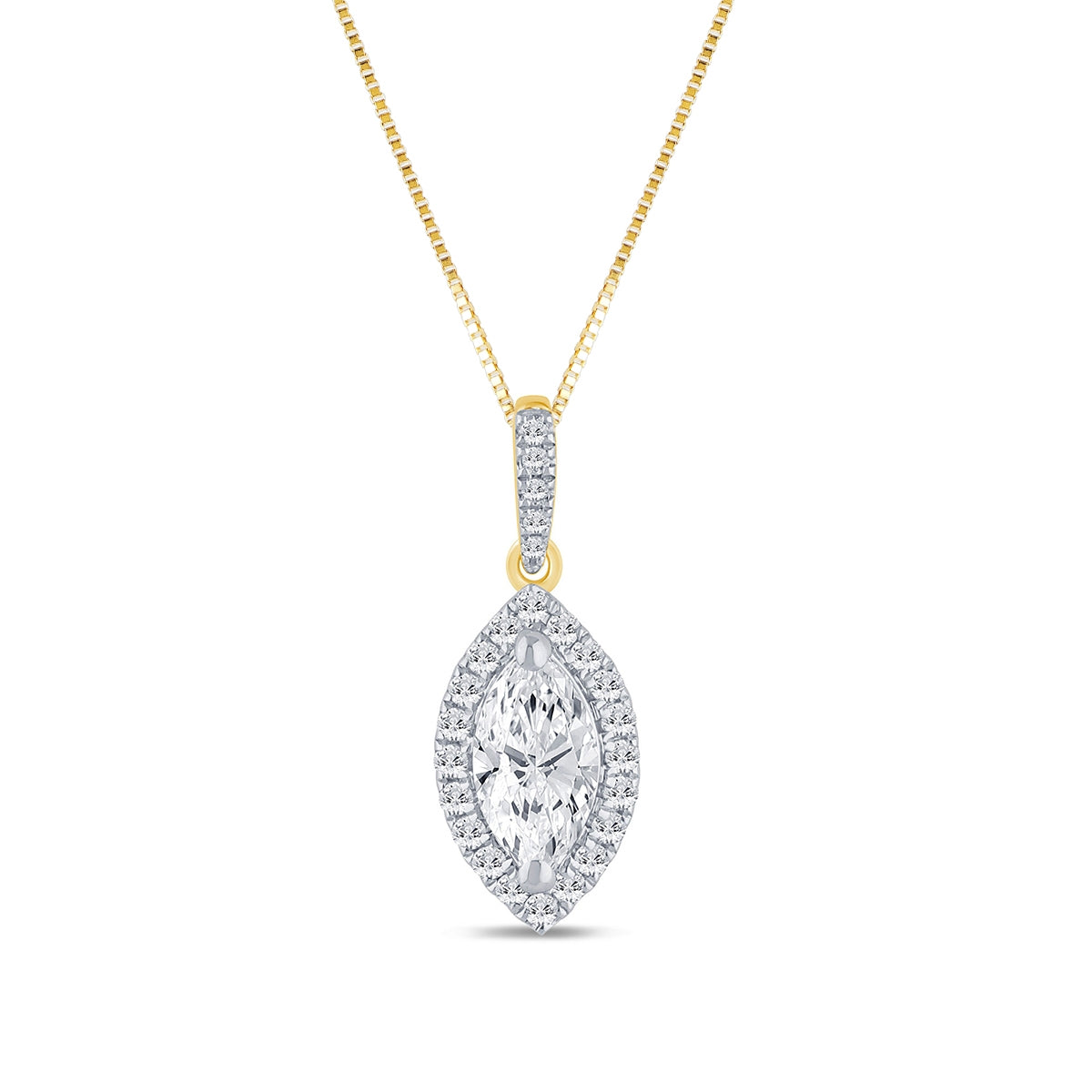 3/4 ct. tw. Marquise Diamond Halo Pendant in 14K Yellow Gold with Rhodium Plated Prongs