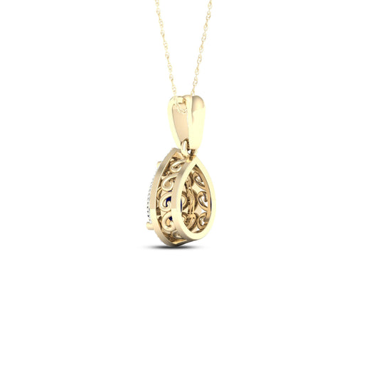 Pear Sapphire and Diamond Accent Halo Pendant with Milgrain and Filigree Detailing in 10K Yellow Gold close-up detail