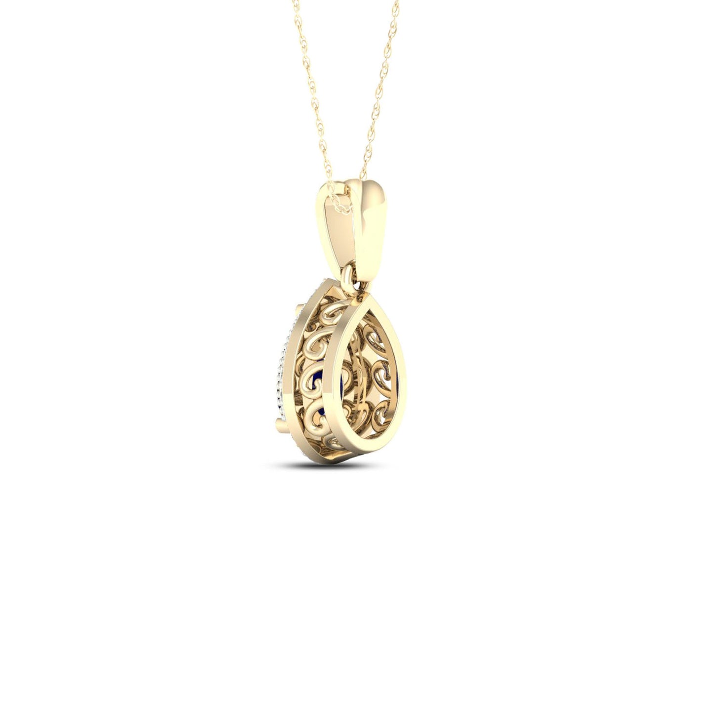 Pear Sapphire and Diamond Accent Halo Pendant with Milgrain and Filigree Detailing in 10K Yellow Gold close-up detail