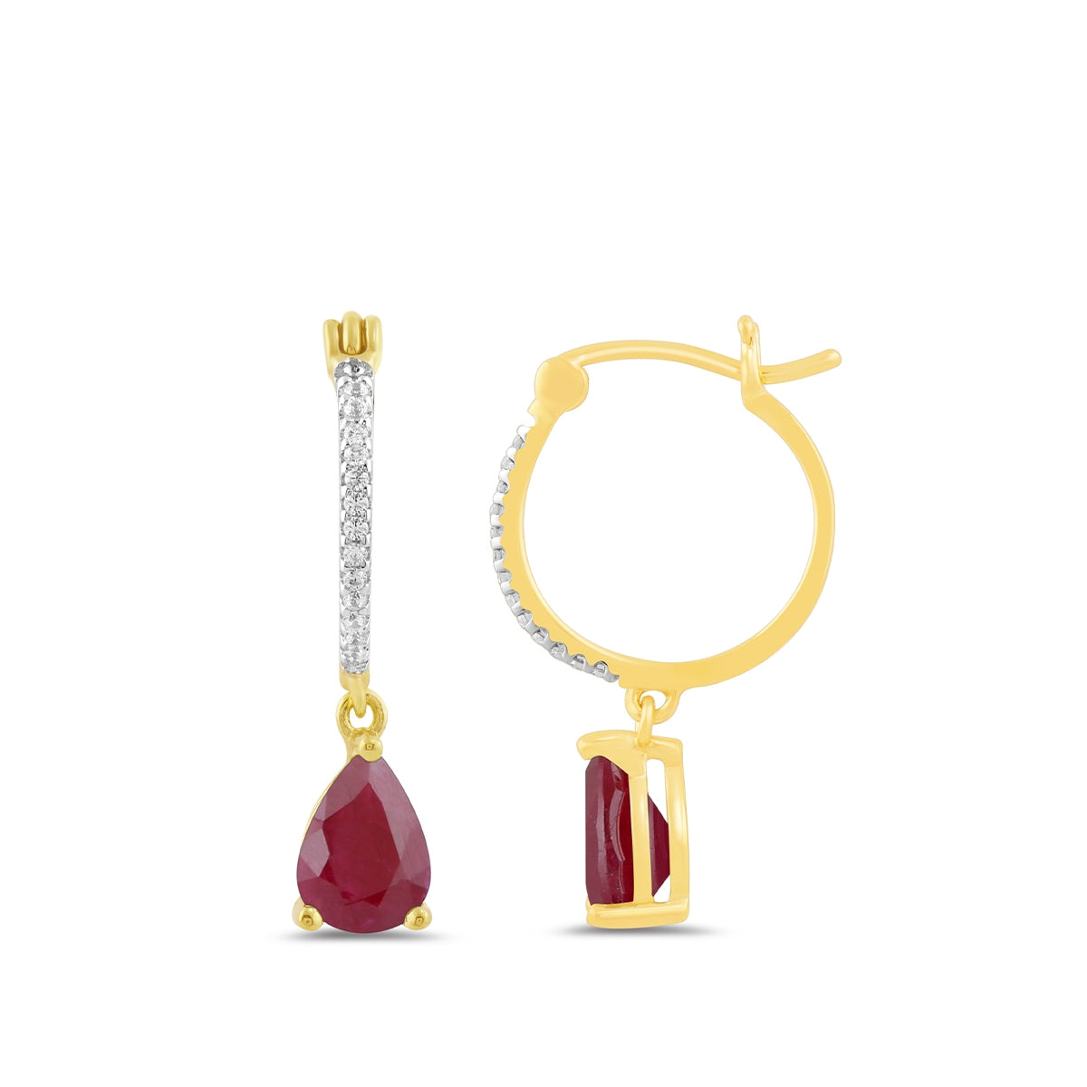 Pear Ruby & 1/10 ct. tw. Diamond Dangle Earrings in 10K Yellow Gold