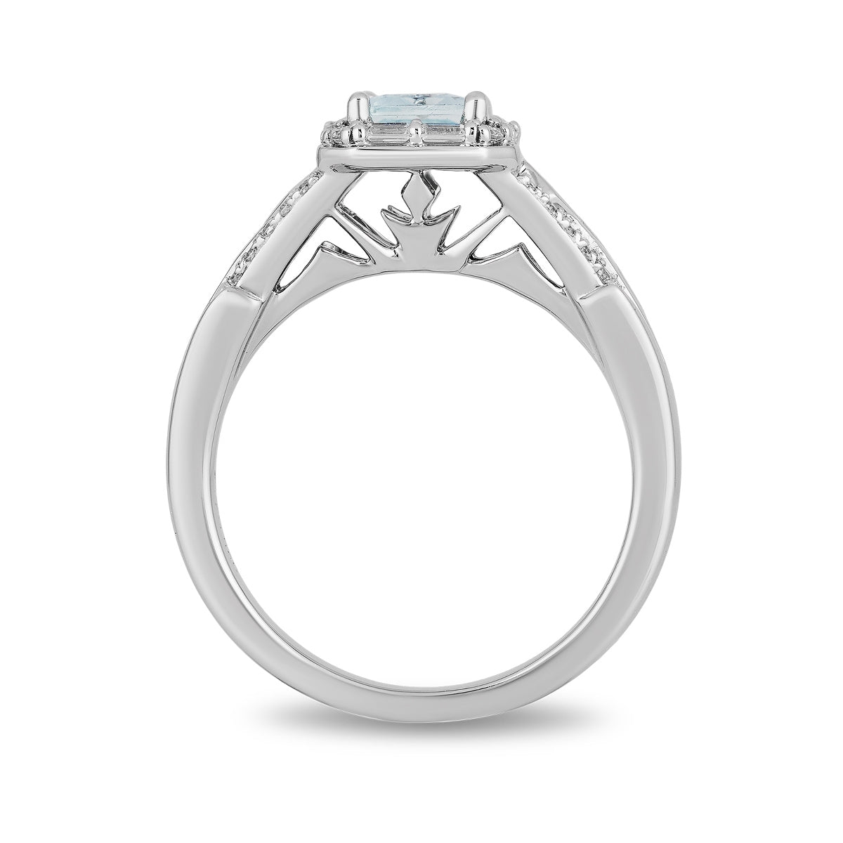 Enchanted Disney Vault Elsa Emerald Cut Aquamarine & 3/8 ct. tw. Baguette & Round Diamond Halo Ring in 14K White side profile