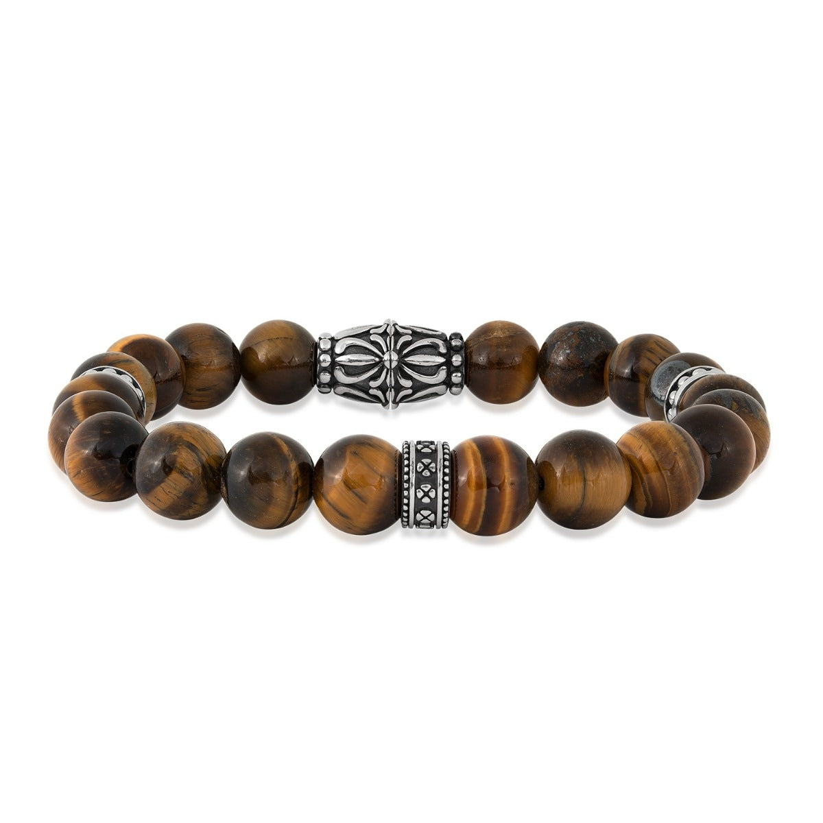 Men's 10mm 8.5-inch Tiger's Eye Bead Bracelet in Oxidized Sterling Silver