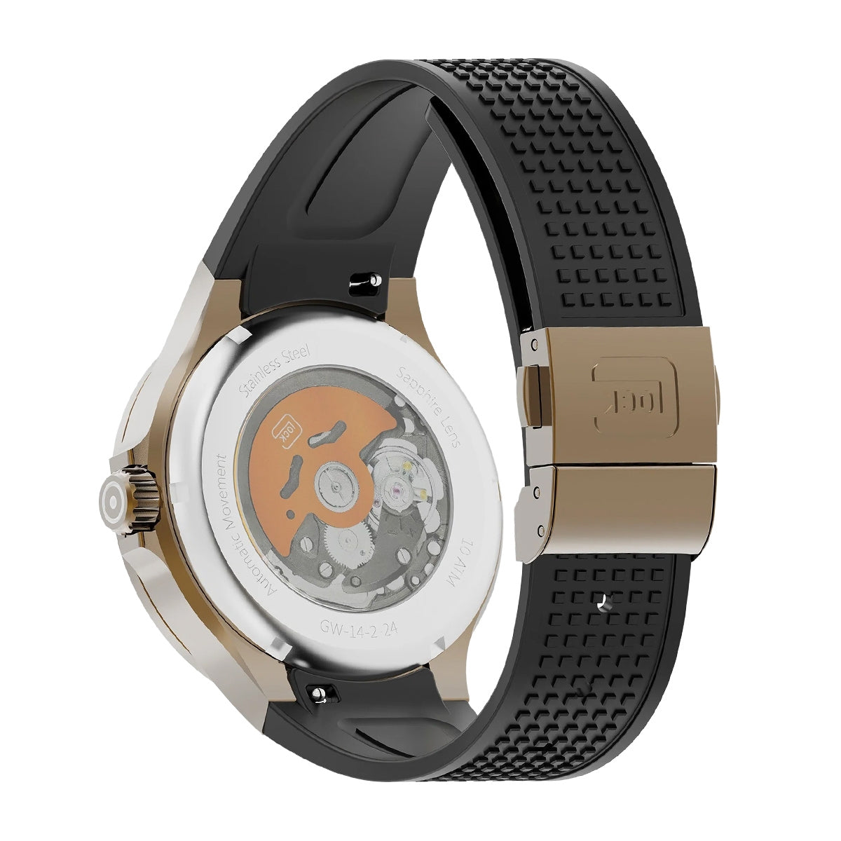 Glock Men's Automatic Brown Stainless Steel Watch with Black Open Aperture Dial & Silicone Strap close-up detail