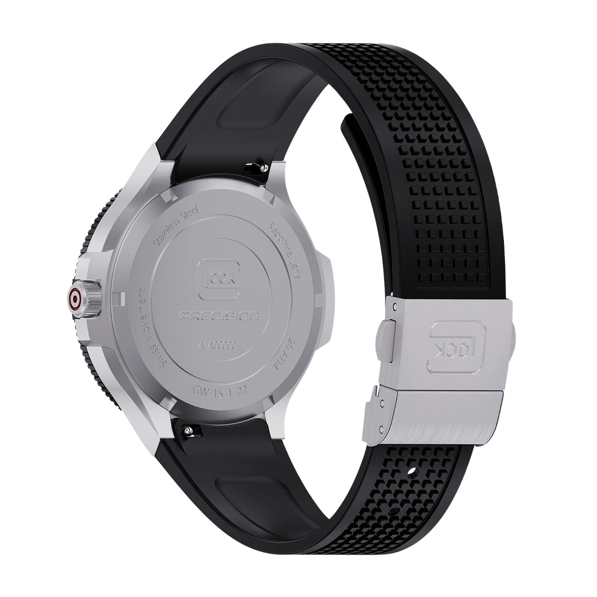 Glock Men's Quartz Stainless Steel Watch with Black Dial & Silicone Strap close-up detail