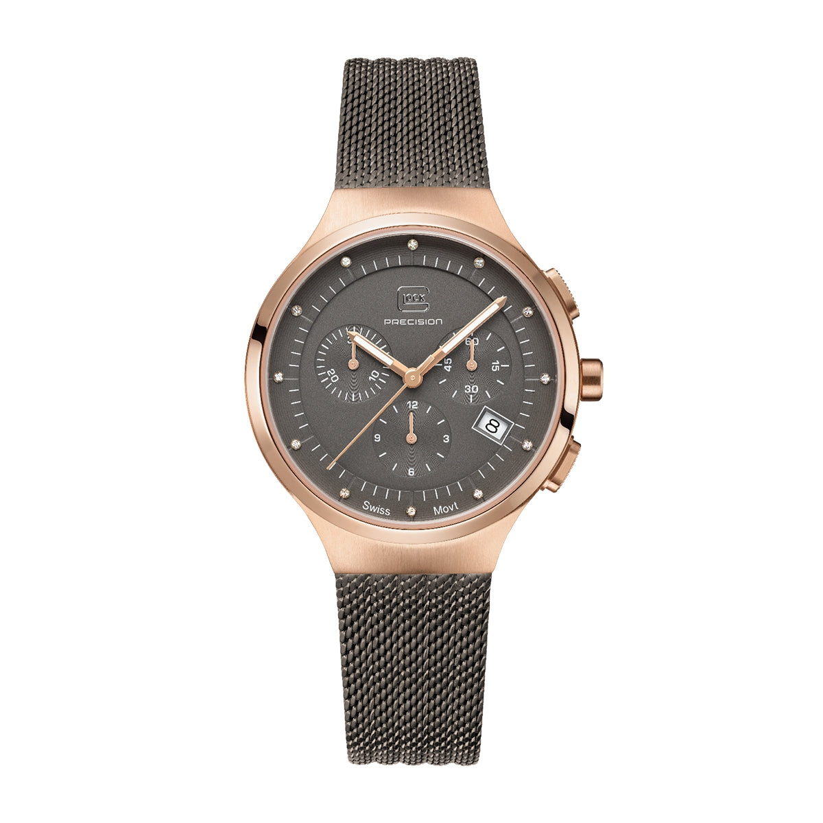 Glock Ladies' Quartz Chronograph Rose Gold-Tone Stainless Steel Watch with Diamond Accent Gray Dial & Mesh Band