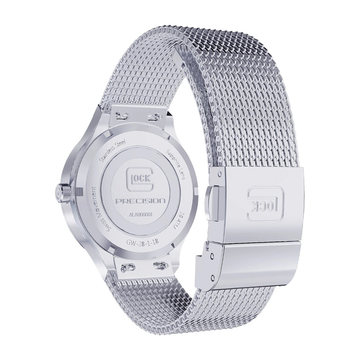 Glock Ladies' Quartz Stainless Steel Watch with Diamond Accent Mother of Pearl Dial & Mesh Band close-up detail